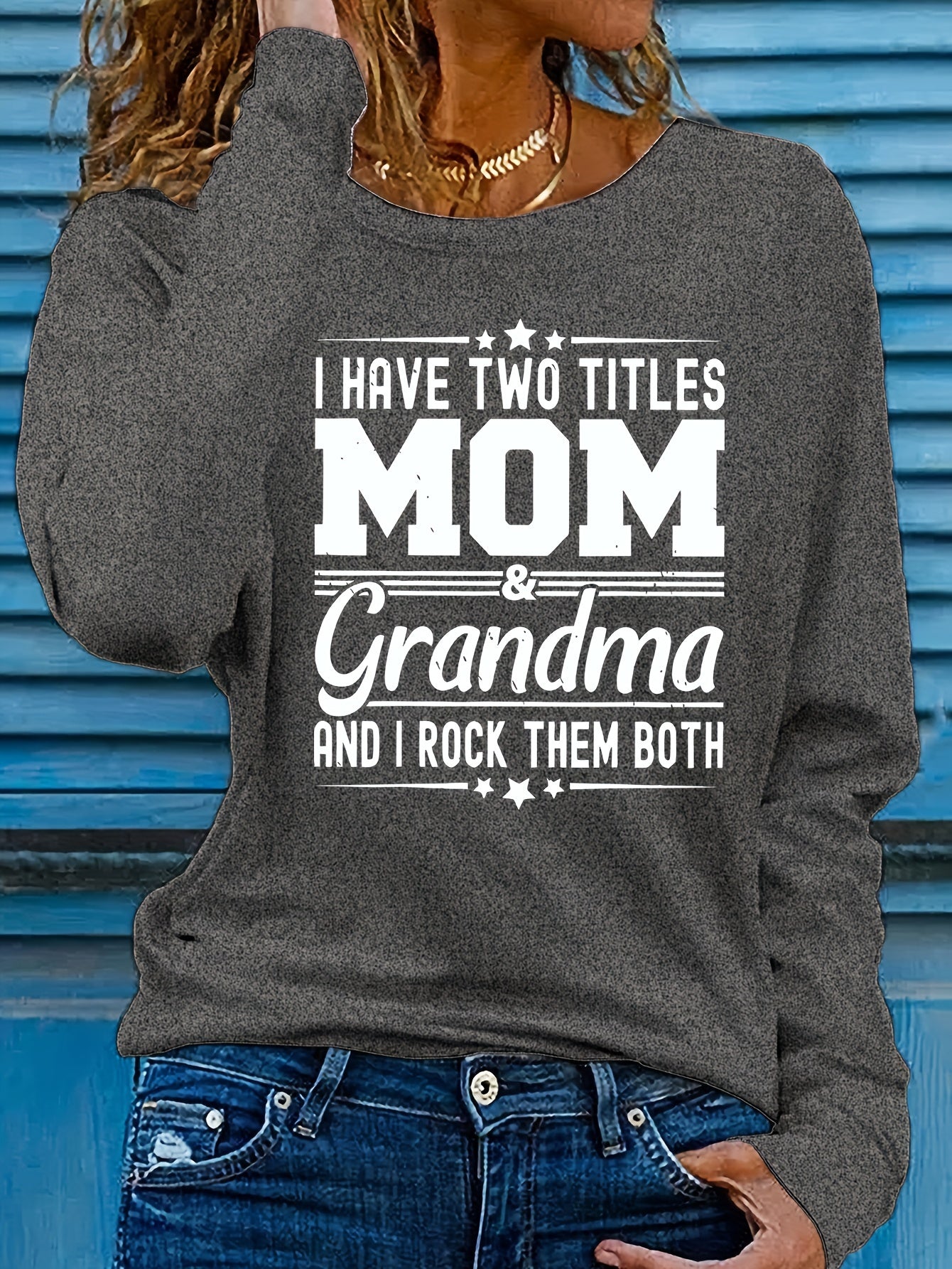 Women'S Long Sleeve Crew Neck T-Shirt with "Mom & Grandma" Letter Print, Casual Polyester Top for All Seasons, Knit Fabric with Medium Stretch, Regular Fit - Applique Detail